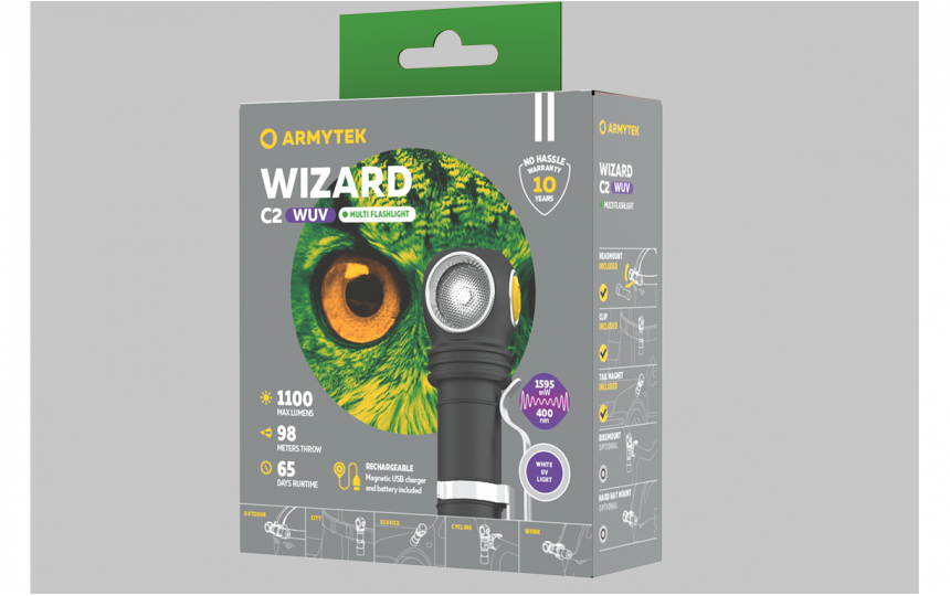 Налобный фонарь Armytek Wizard C2 WUV Magnet USB (УФ 400 нм и белый свет, 18650 в компл.)